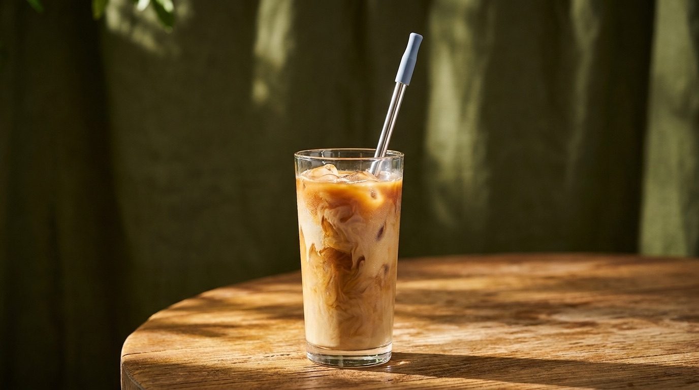 A Down2Earth steel straw with a silicone tip standing in an iced latte on a sunlit wooden cafe table